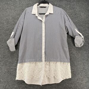 Zara Blouse Top Women L Blue Striped Button Up Lace Ladies Old Money Classic
